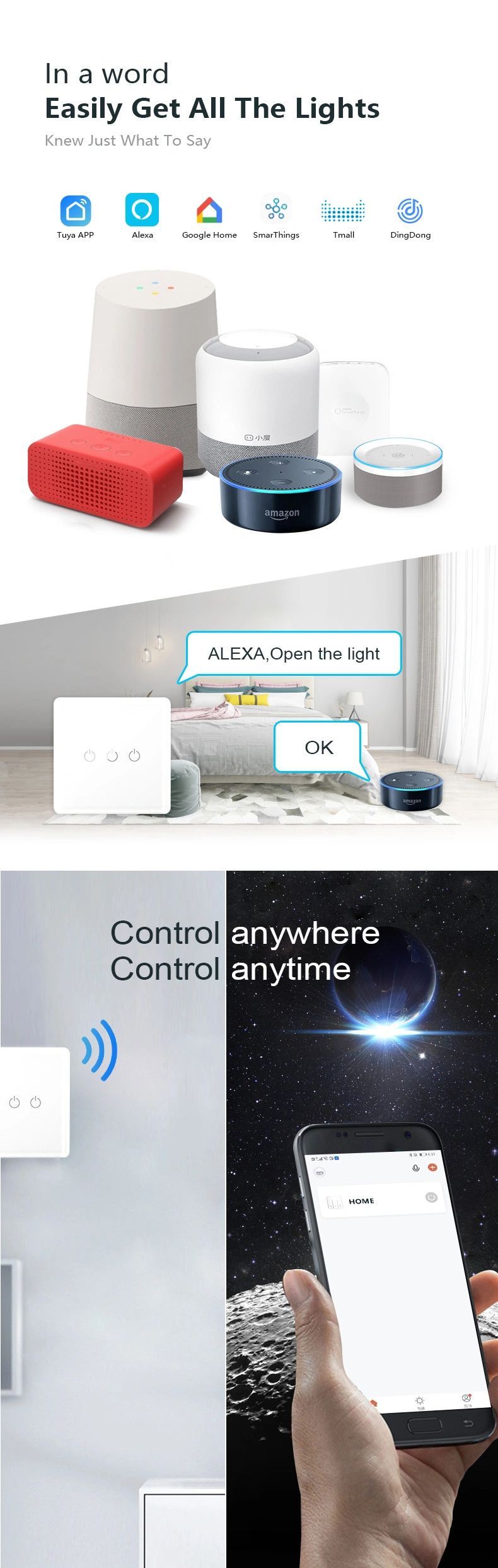 EU/UK Standard Round Shape Glass Tuya Smart Life App Remote Control Intelligent Touch Wall Switch